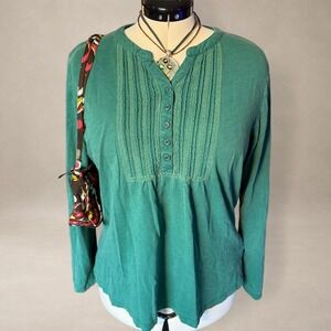 L.L.Bean Green Pintuck Henley Top Women's Large 100% Cotton Long Sleeve‎